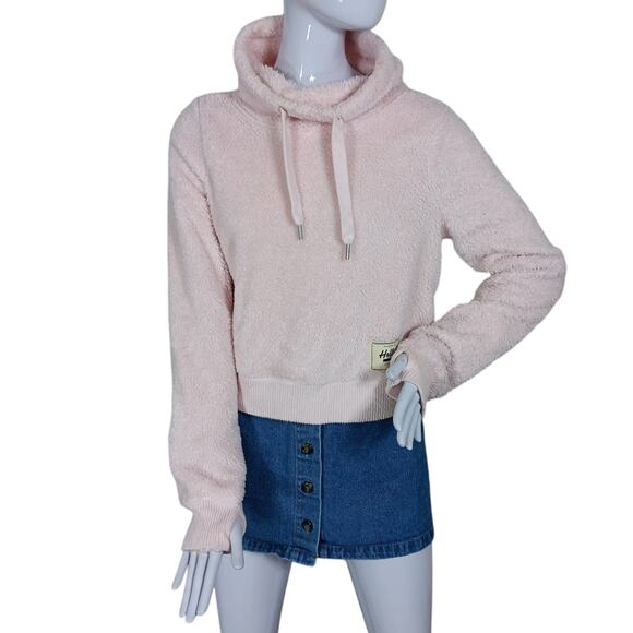 Hollister Fuzzy Sweatshirt Size Small High Neck Pink Thumbholes Drawstring - Picture 3 of 12